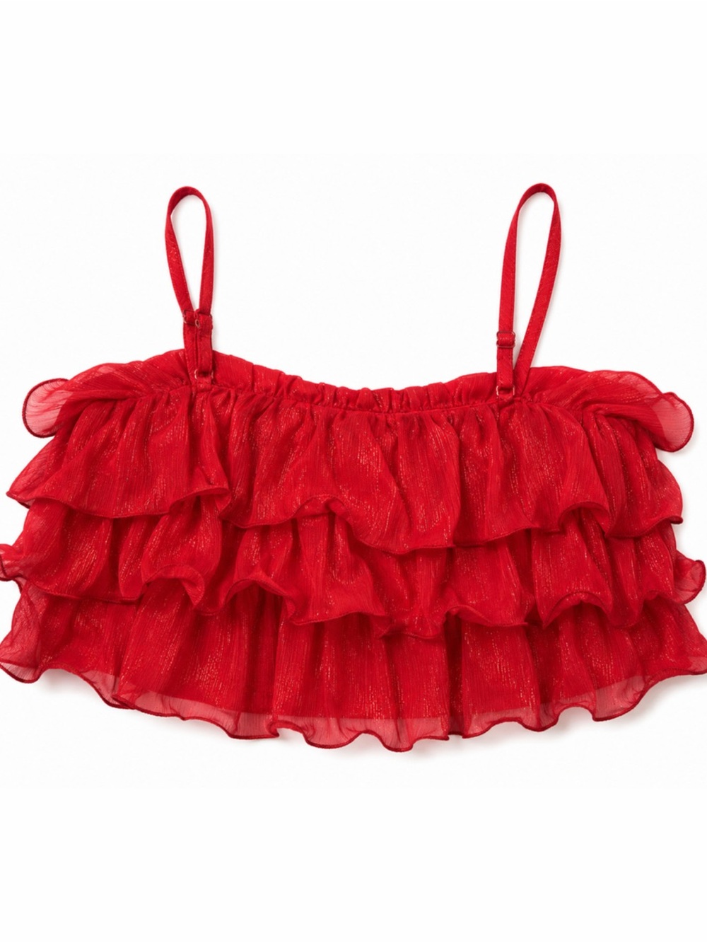Red Shimmer Ruffle Crop Top